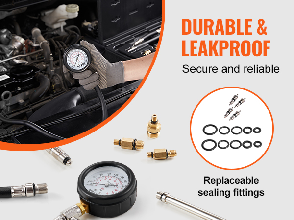 VEVOR compression tester kit in use with replaceable sealing fittings, showcasing its durability.