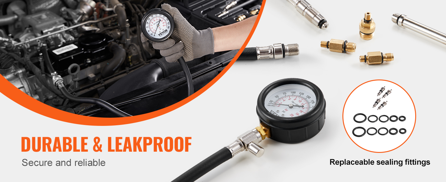 VEVOR compression tester kit in use with replaceable sealing fittings, showcasing its durability.