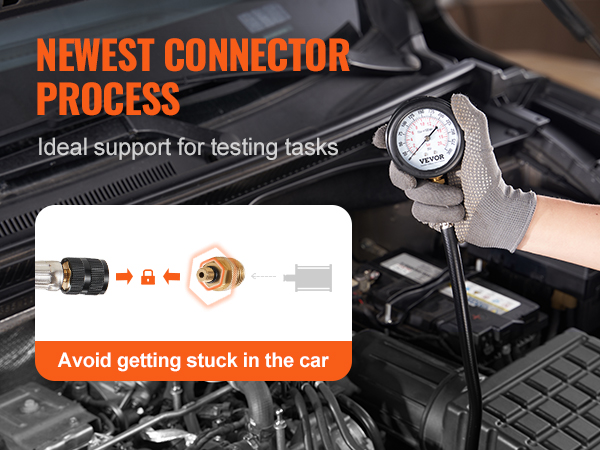 mechanic using VEVOR compression tester kit for engine diagnostics, highlighting the newest connector.