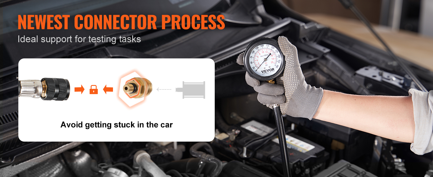 mechanic using VEVOR compression tester kit for engine diagnostics, highlighting the newest connector.