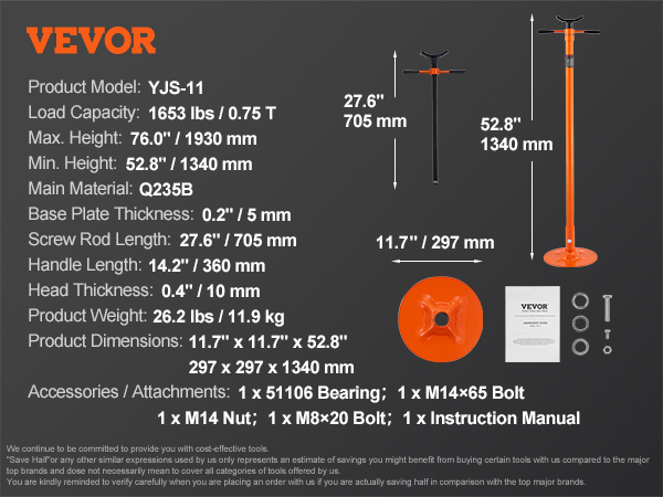 VEVOR underhoist support stand with a capacity of 1653 lbs, adjustable height, and included accessories.