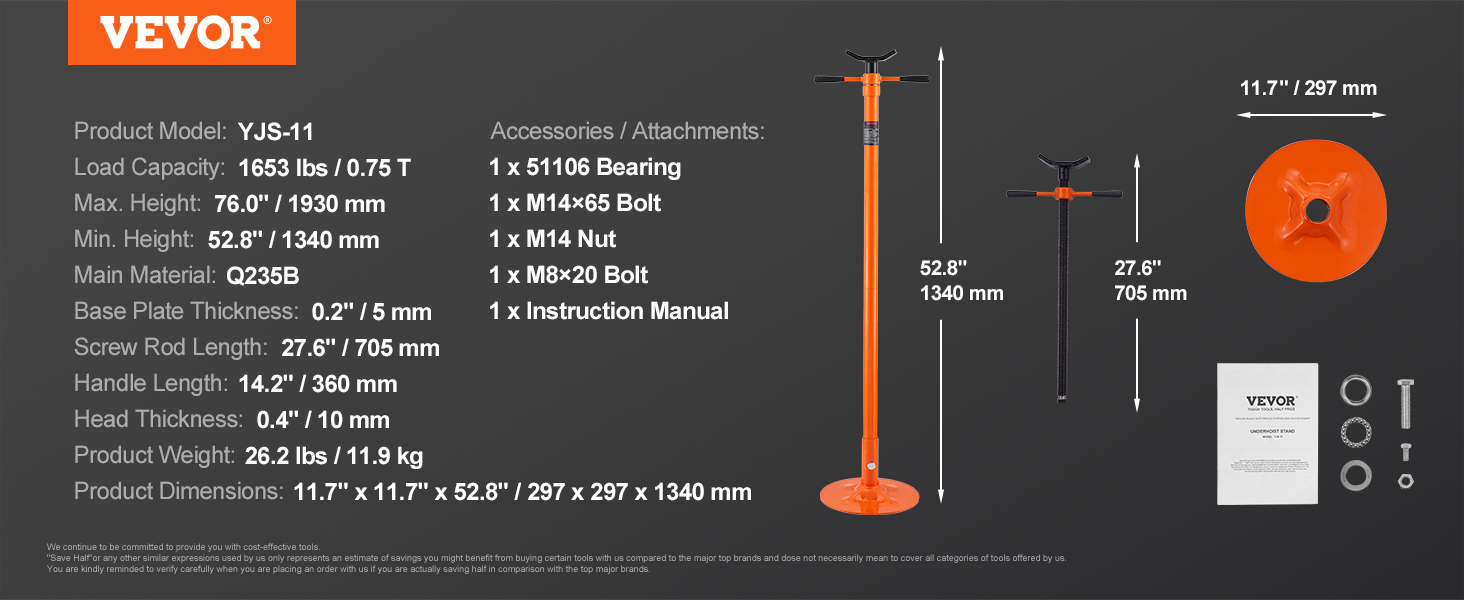 VEVOR underhoist support stand with a capacity of 1653 lbs, adjustable height, and included accessories.