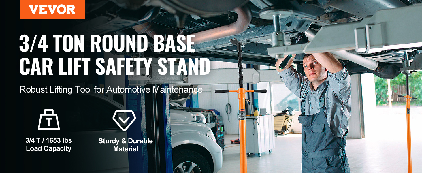 VEVOR underhoist support stand for 3/4 ton vehicles, shown in an automotive maintenance garage.