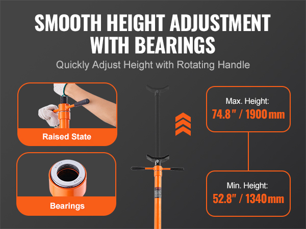 VEVOR underhoist support stand with smooth height adjustment via rotating handle, max 74.8", min 52.8".