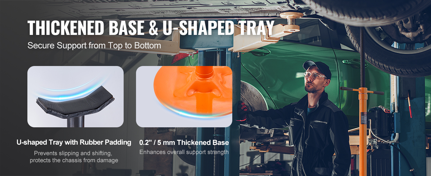 mechanic using VEVOR underhoist support stand with thickened base and u-shaped tray for car repair.