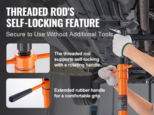 VEVOR underhoist support stand with self-locking threaded rod and extended rubber handle.