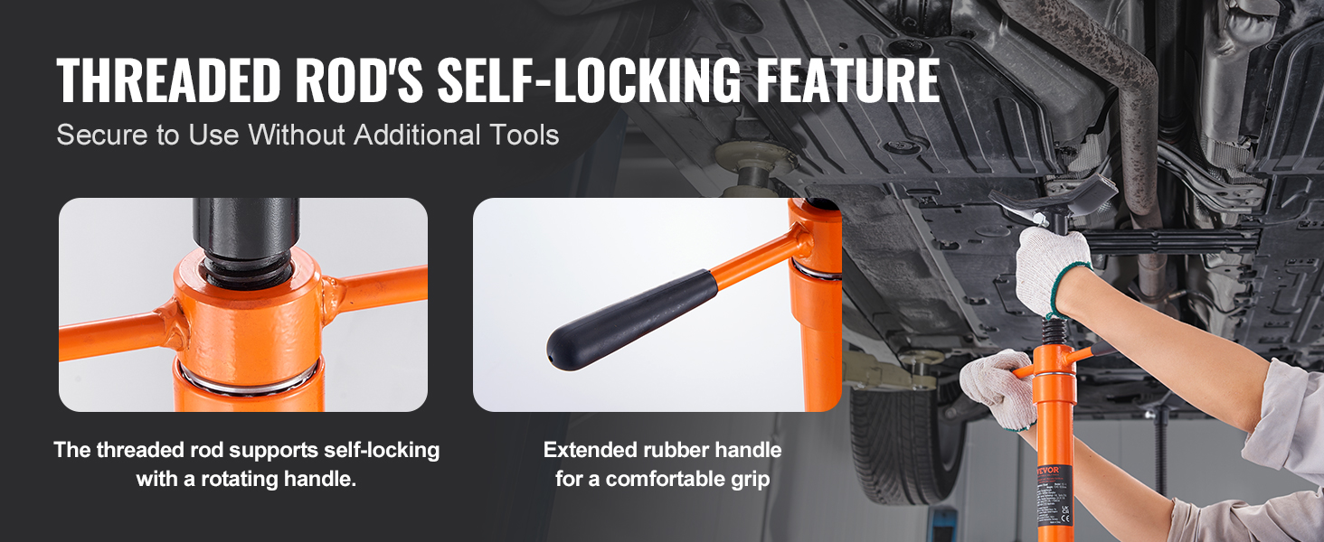 VEVOR underhoist support stand with self-locking threaded rod and extended rubber handle.