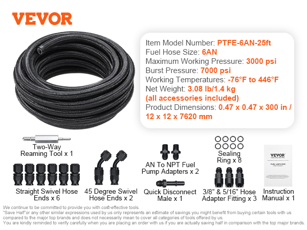 VEVOR 6an fuel line kit with fittings, tools, and accessories. compatible with 3000 psi max pressure.