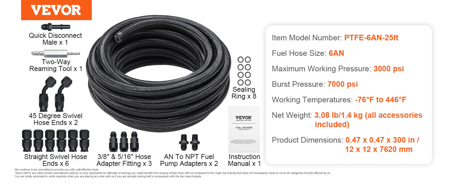 VEVOR 6an fuel line kit with fittings, tools, and accessories. compatible with 3000 psi max pressure.