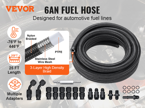 VEVOR 6an fuel line kit: nylon braided, stainless steel wire mesh, 25ft length, multiple adapters.