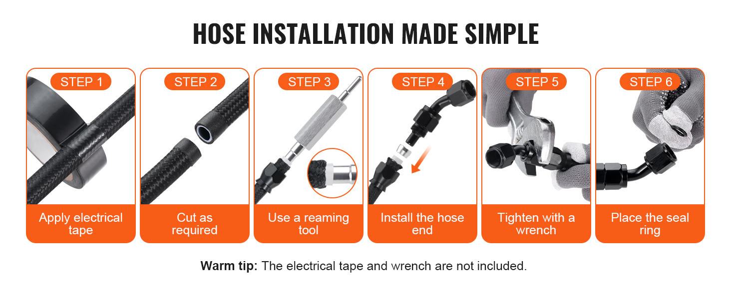 VEVOR 6an fuel line kit installation guide with six steps: tape, cut, ream, install, tighten, seal.