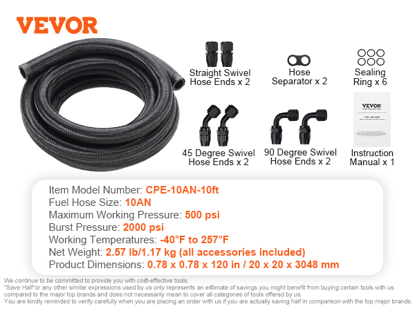 VEVOR fuel line kit with 90°, 45°, and straight swivel hose ends, sealing rings, and a hose separator.