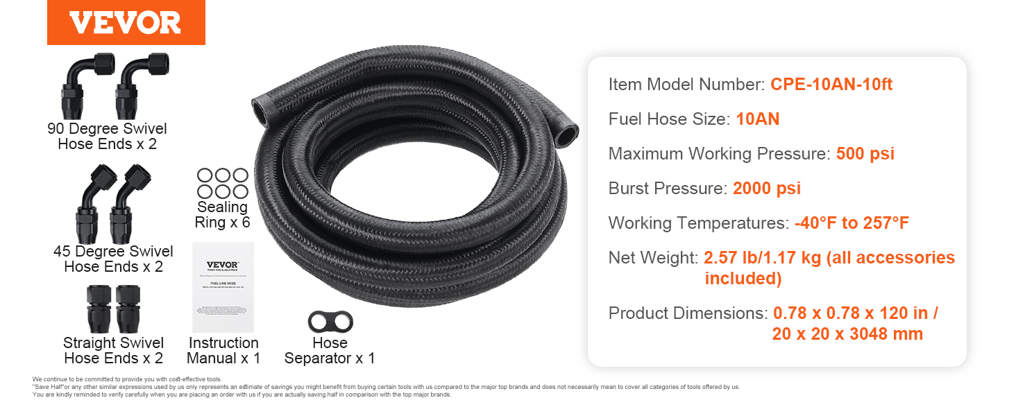 VEVOR fuel line kit with 90°, 45°, and straight swivel hose ends, sealing rings, and a hose separator.