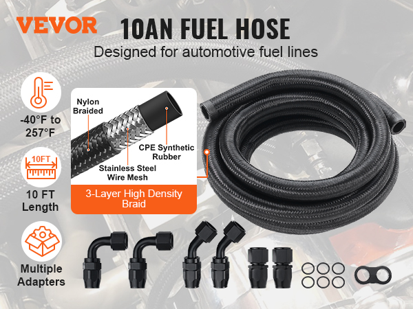 VEVOR fuel line kit includes a 10ft 10an fuel hose, multiple adapters, and withstands -40°f to 257°f.