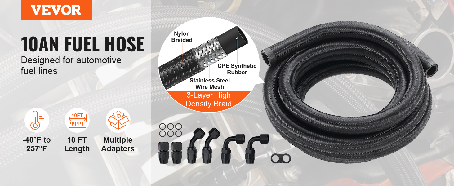 VEVOR fuel line kit includes a 10ft 10an fuel hose, multiple adapters, and withstands -40°f to 257°f.