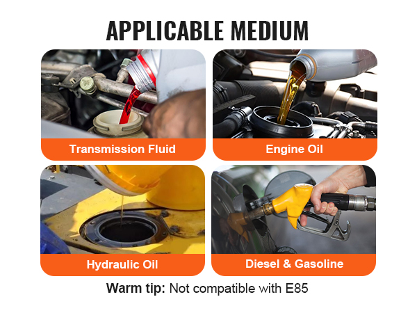 four panels displaying transmission fluid, engine oil, hydraulic oil, and diesel & gasoline with a note: not compatible with e85.