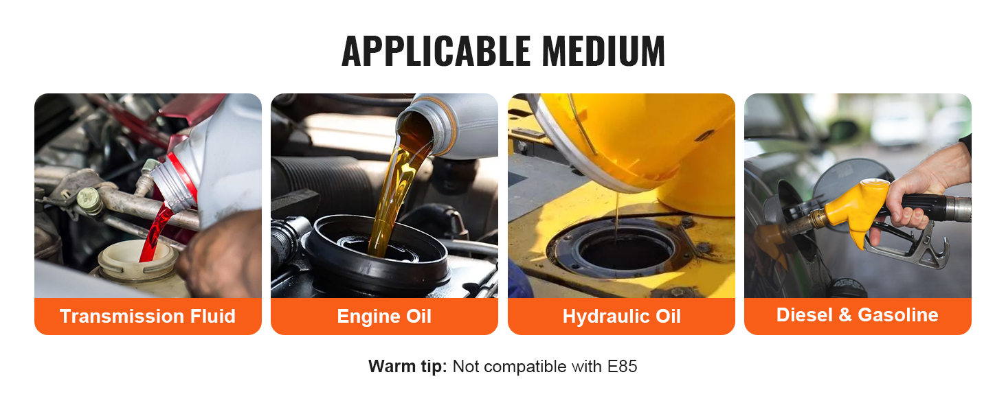 four panels displaying transmission fluid, engine oil, hydraulic oil, and diesel & gasoline with a note: not compatible with e85.