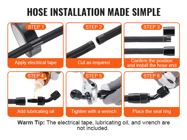 steps to install VEVOR fuel line kit: apply electric tape, cut hose, install, lubricate, tighten, seal ring.