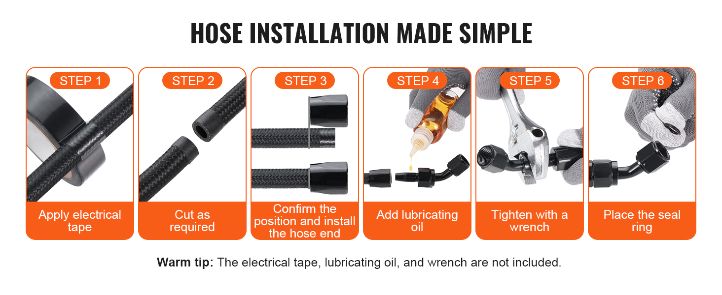 steps to install VEVOR fuel line kit: apply electric tape, cut hose, install, lubricate, tighten, seal ring.