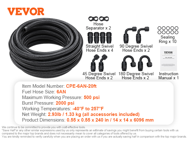 VEVOR fuel line kit: 20ft 6an hose with swivel hose ends, hose separator, sealing rings, and manual.