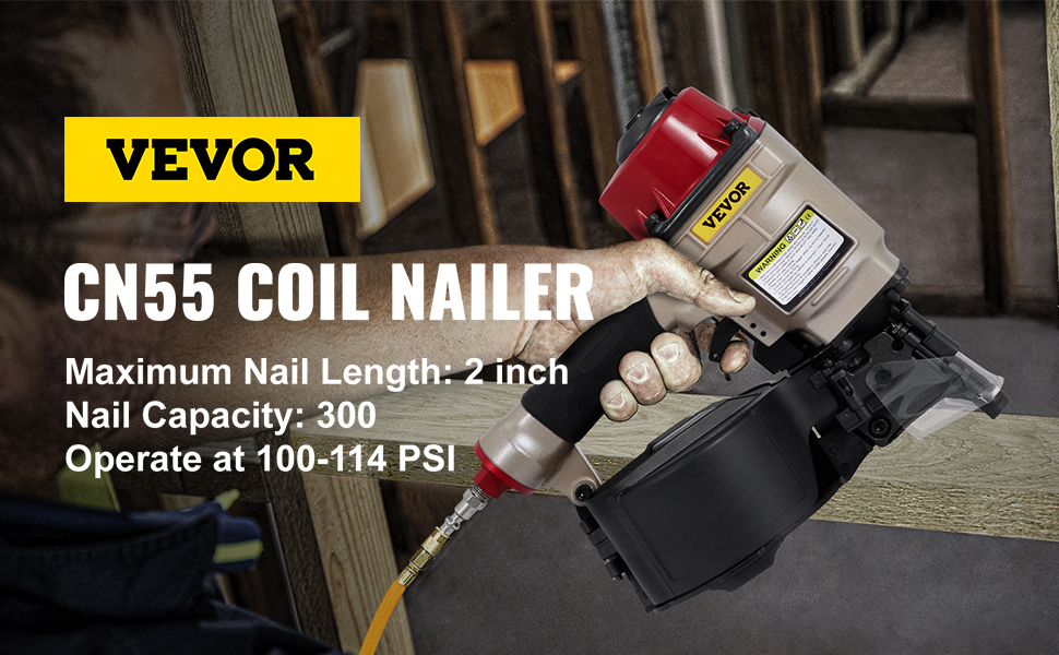 VEVOR coil siding nailer with 2-inch max nail length, 300 nail capacity, 100-114 psi.