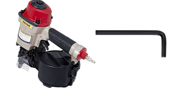 VEVOR coil siding nailer with red top and black handle next to an l-shaped hex key.