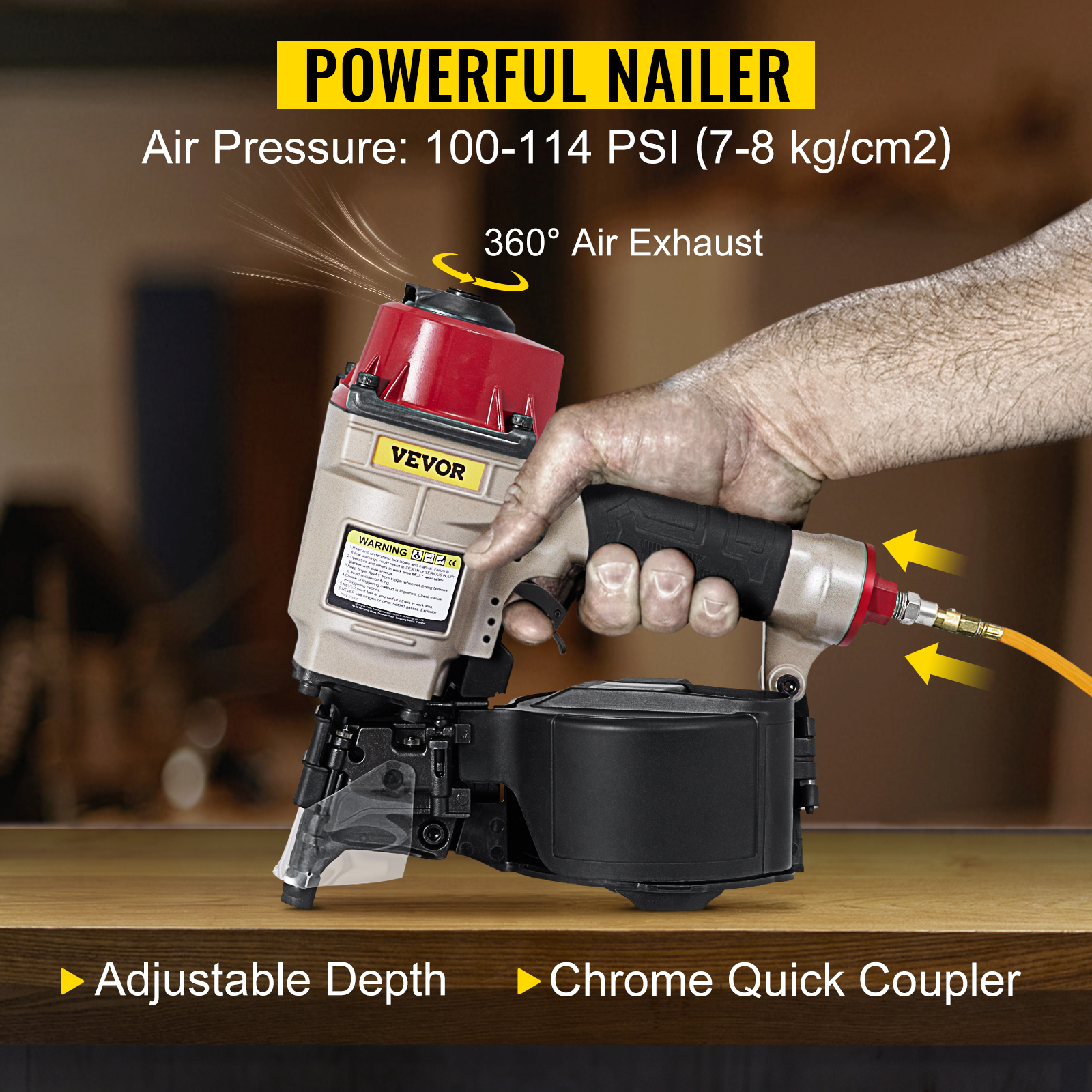 hand holding a VEVOR coil siding nailer with adjustable depth and chrome quick coupler.