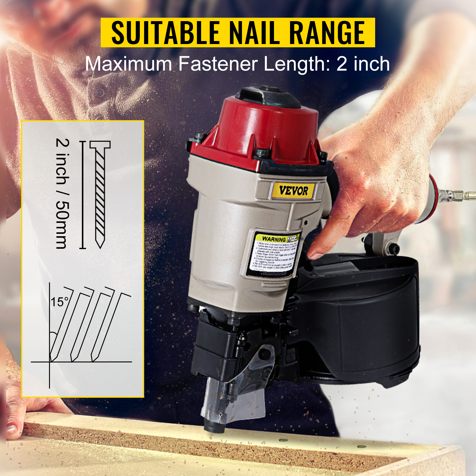 VEVOR coil siding nailer for 2-inch nails with maximum fastener length of 2 inches.