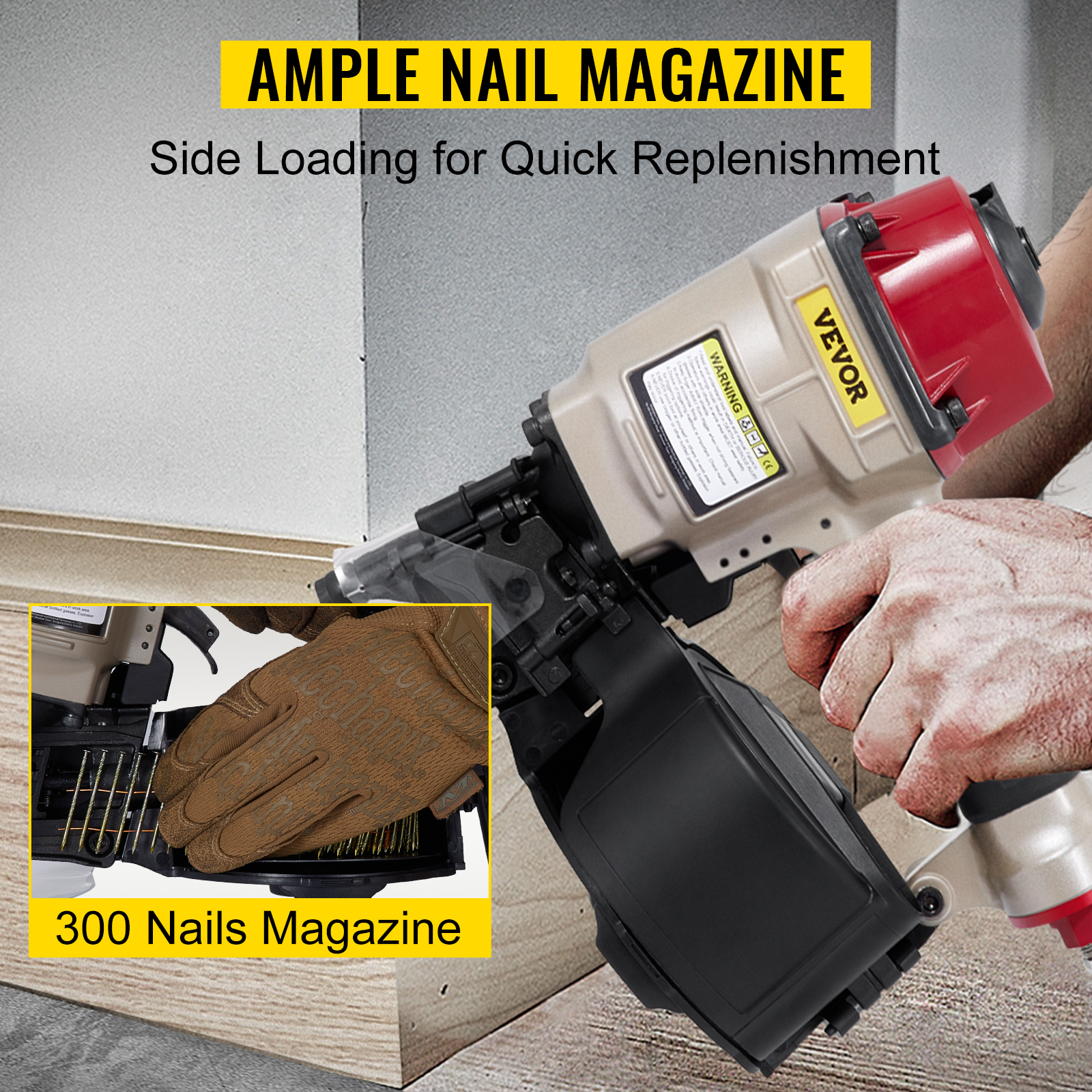 VEVOR coil siding nailer with ample 300 nails magazine for quick side loading.