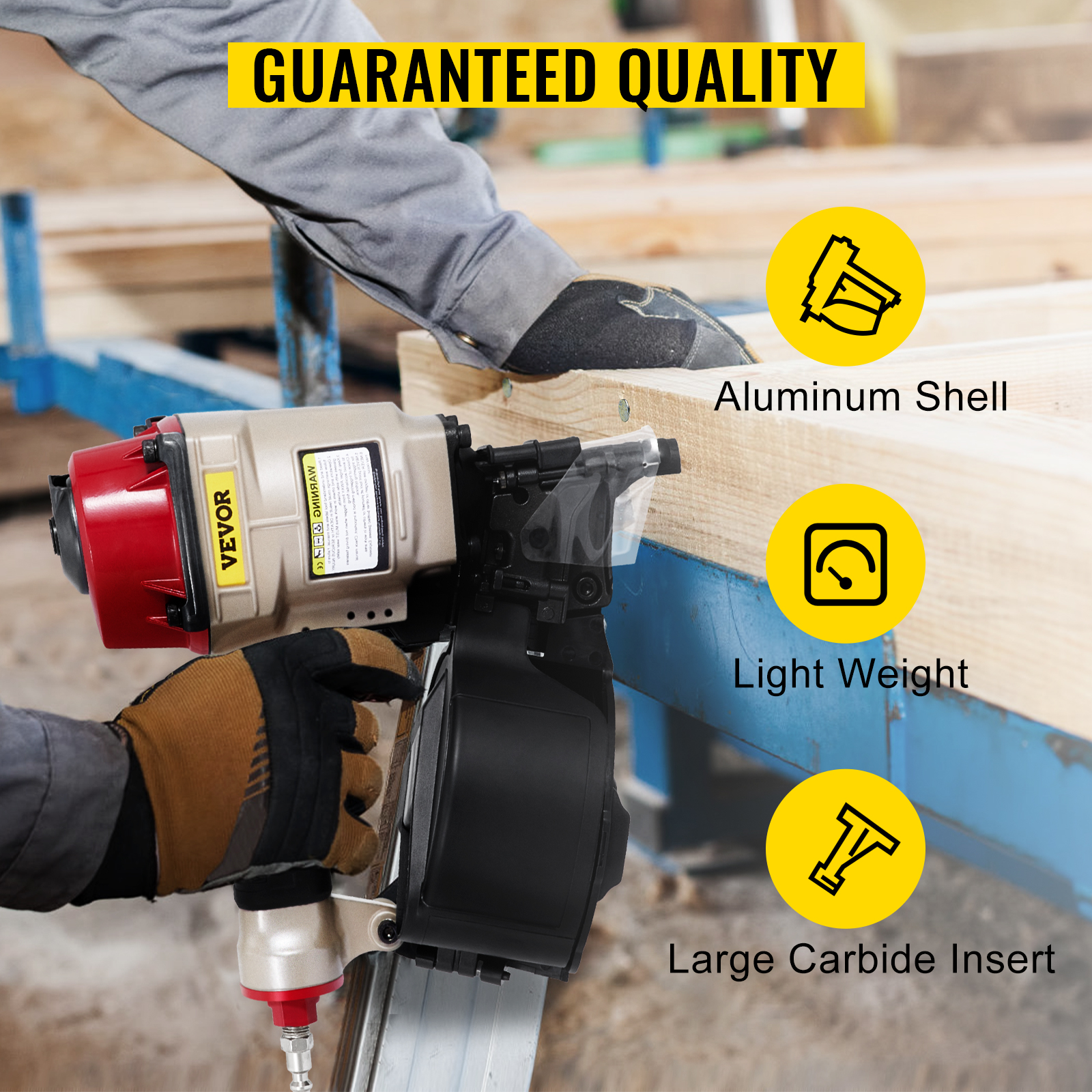 VEVOR coil siding nailer with aluminum shell and carbide insert, in action.
