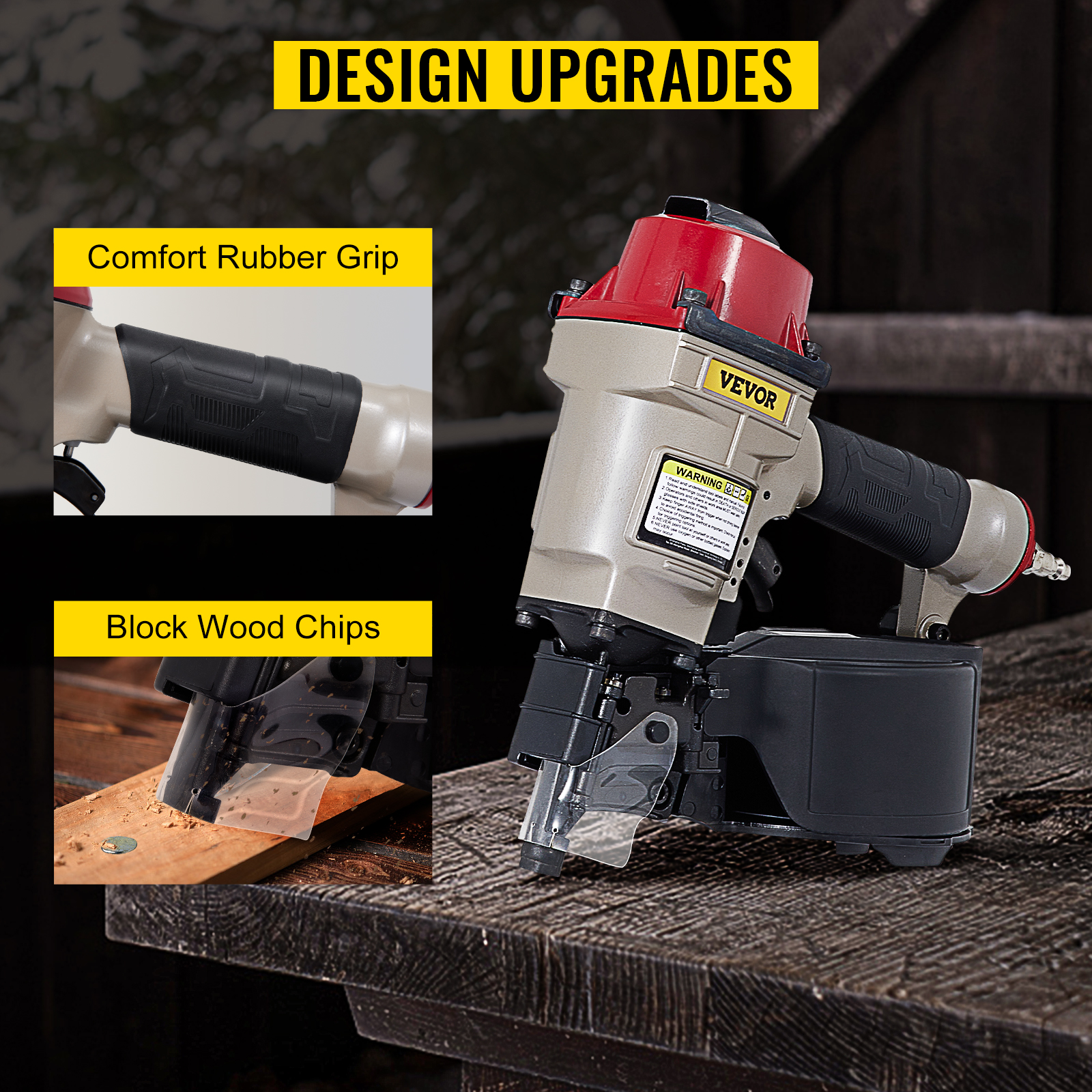 VEVOR coil siding nailer with comfort rubber grip and wood chip block feature