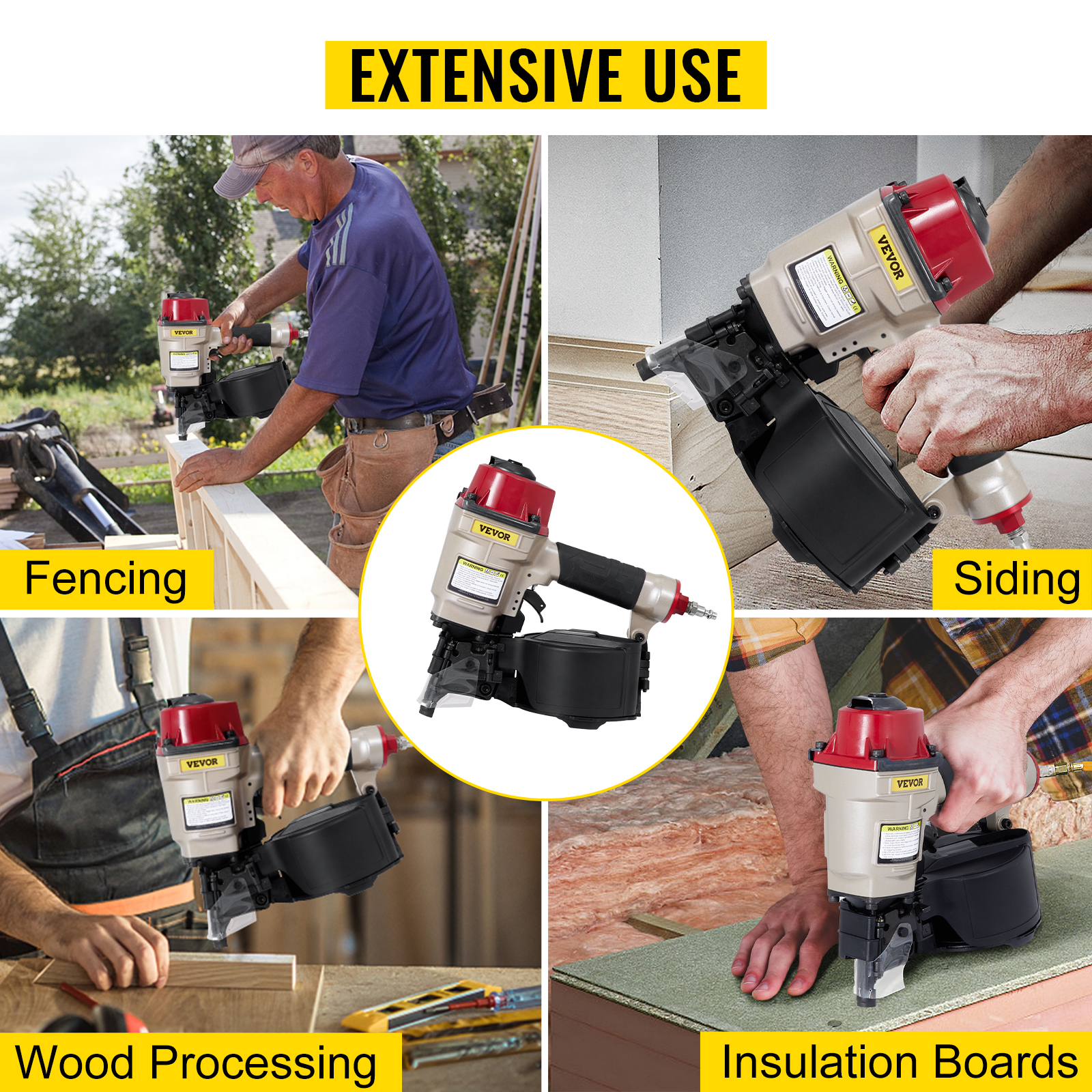 VEVOR coil siding nailer used for fencing, siding, wood processing, and insulation boards.