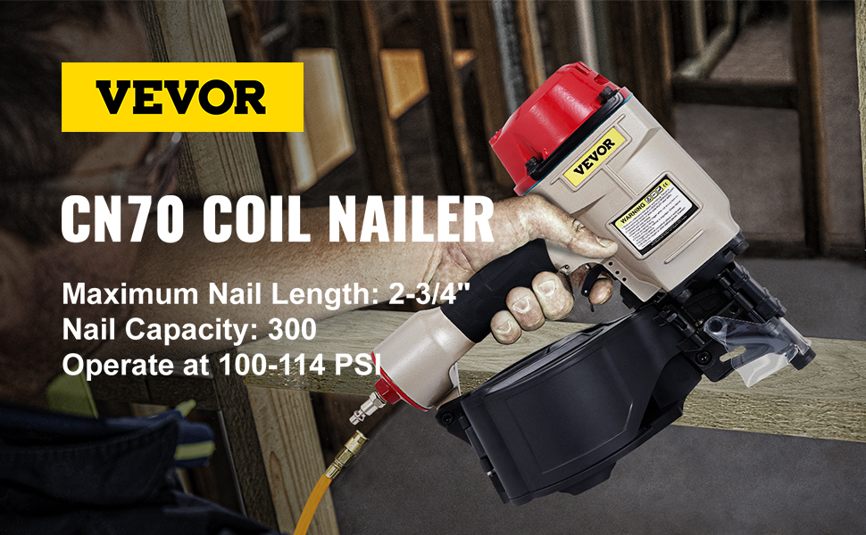 carpenter using VEVOR cn70 coil siding nailer with a red top and black handle.