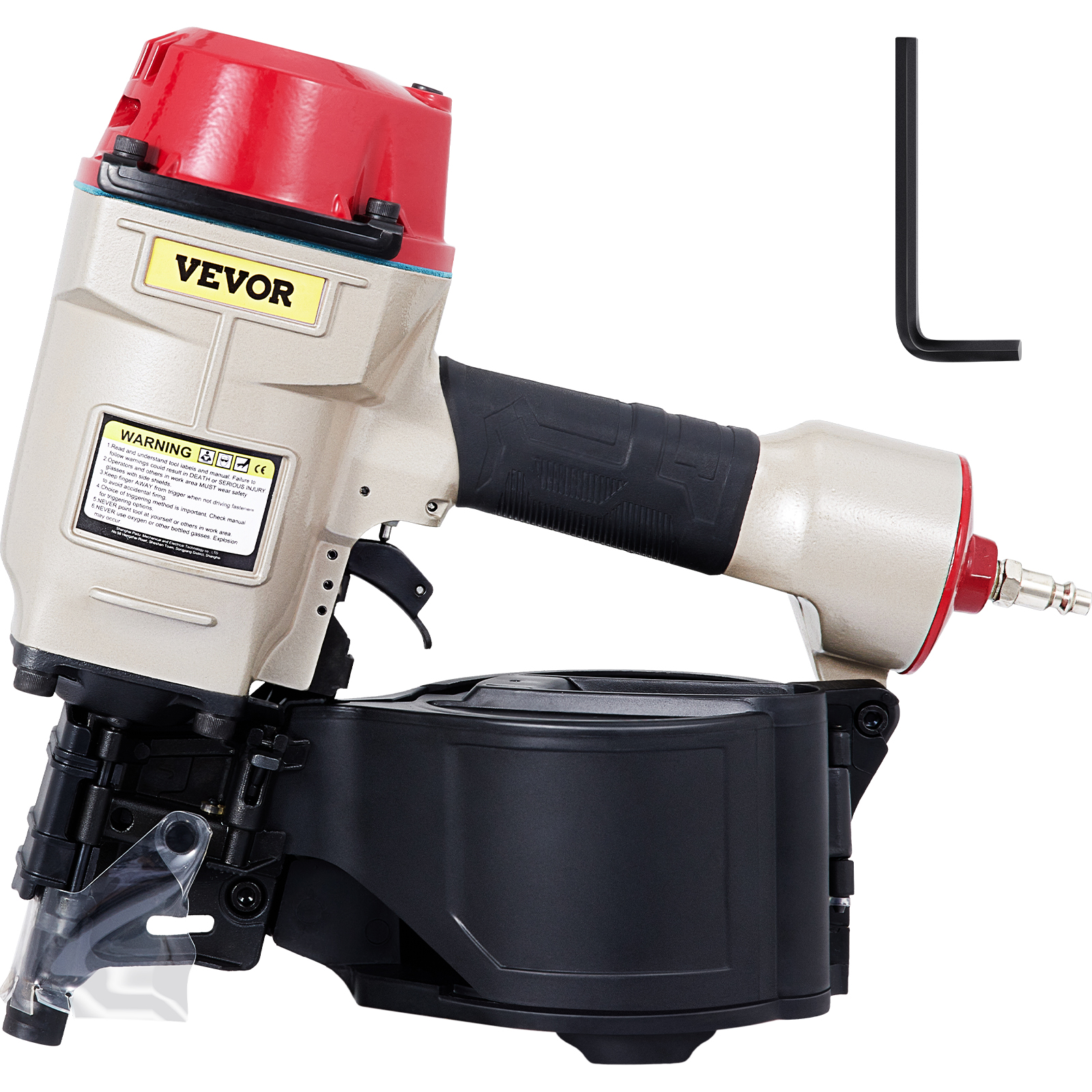 VEVOR cn70 coil siding nailer with red cap and black coil magazine, includes hex key.