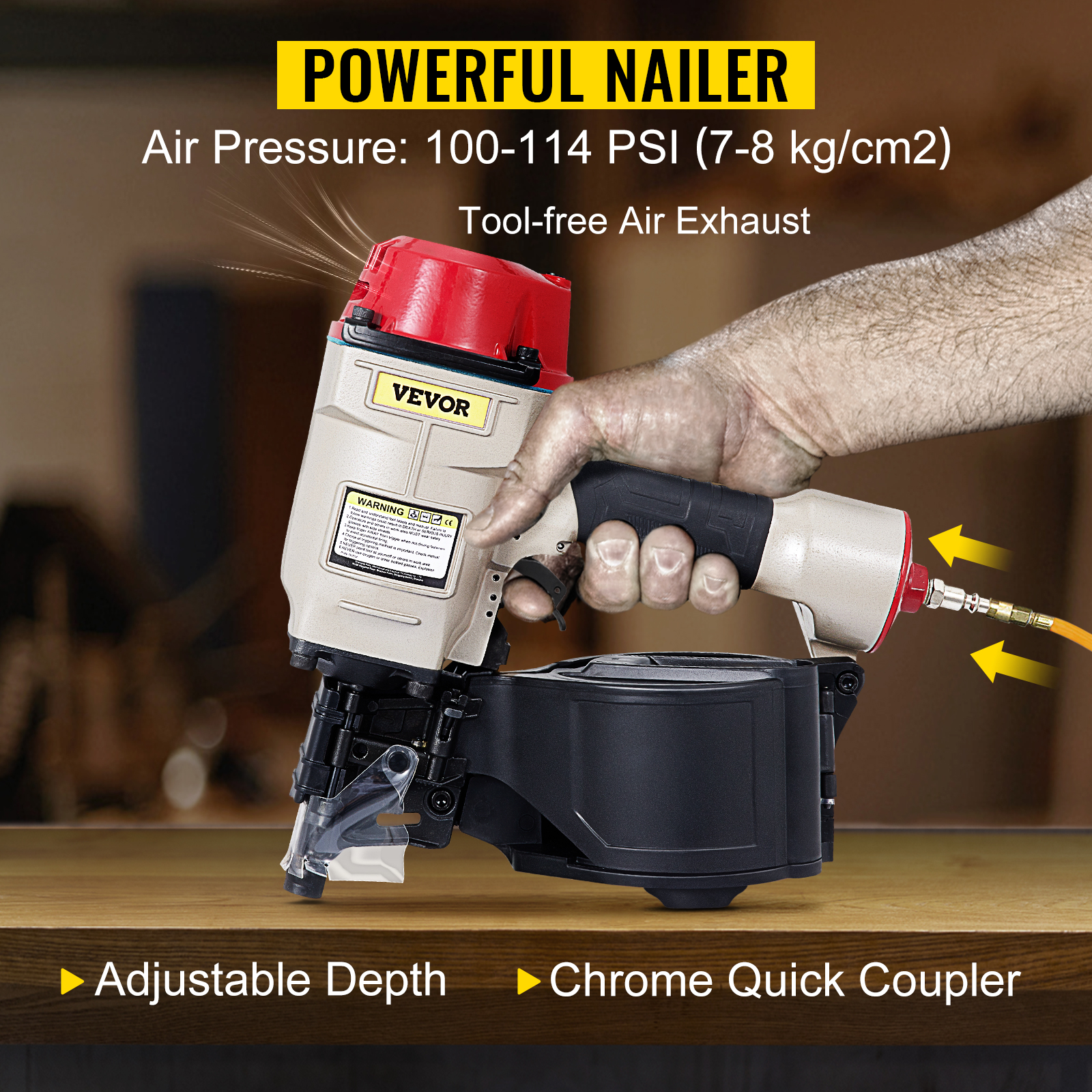 VEVOR cn70 coil siding nailer with adjustable depth, chrome quick coupler.
