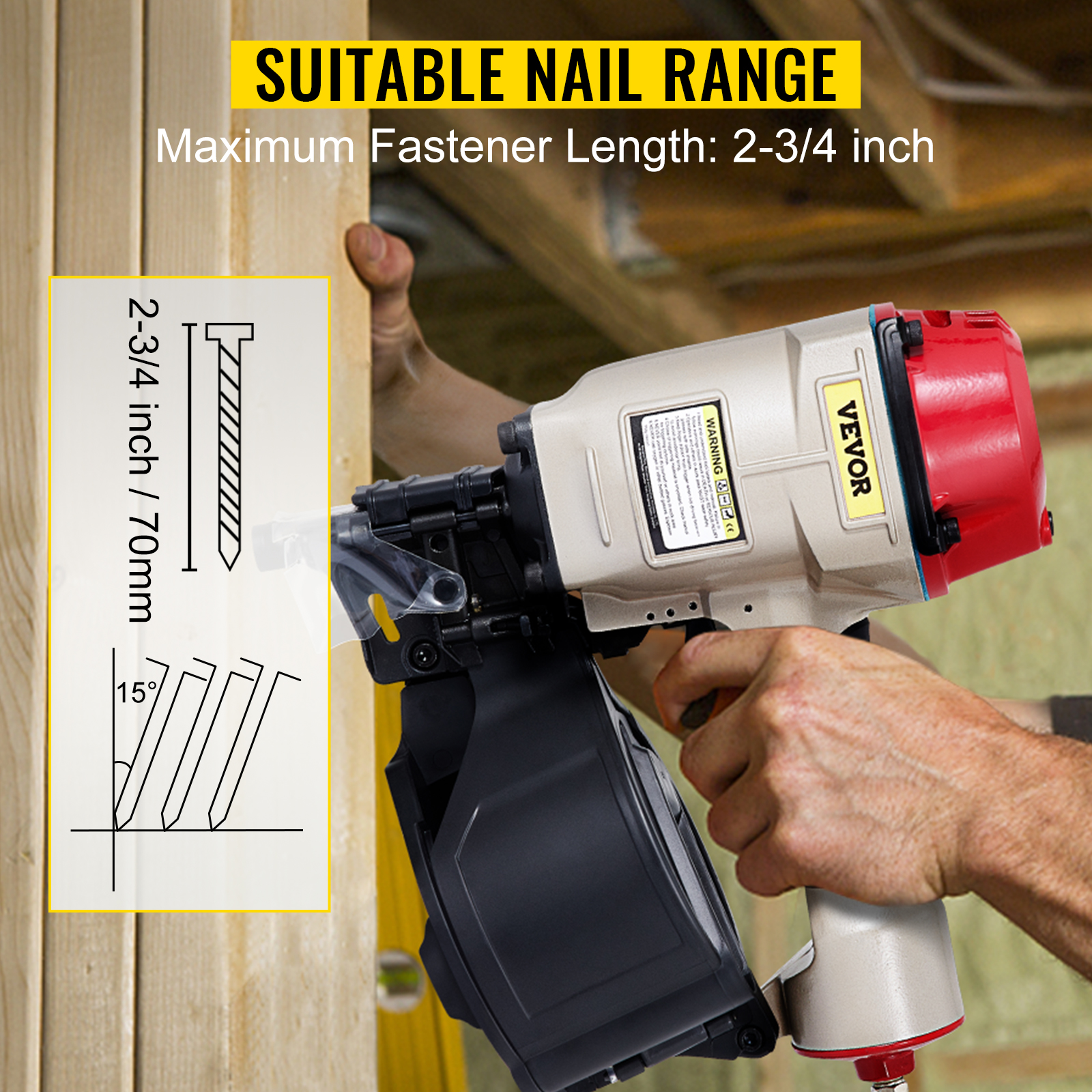 VEVOR cn70 coil siding nailer held by hand, max fastener length 2-3/4 inch.