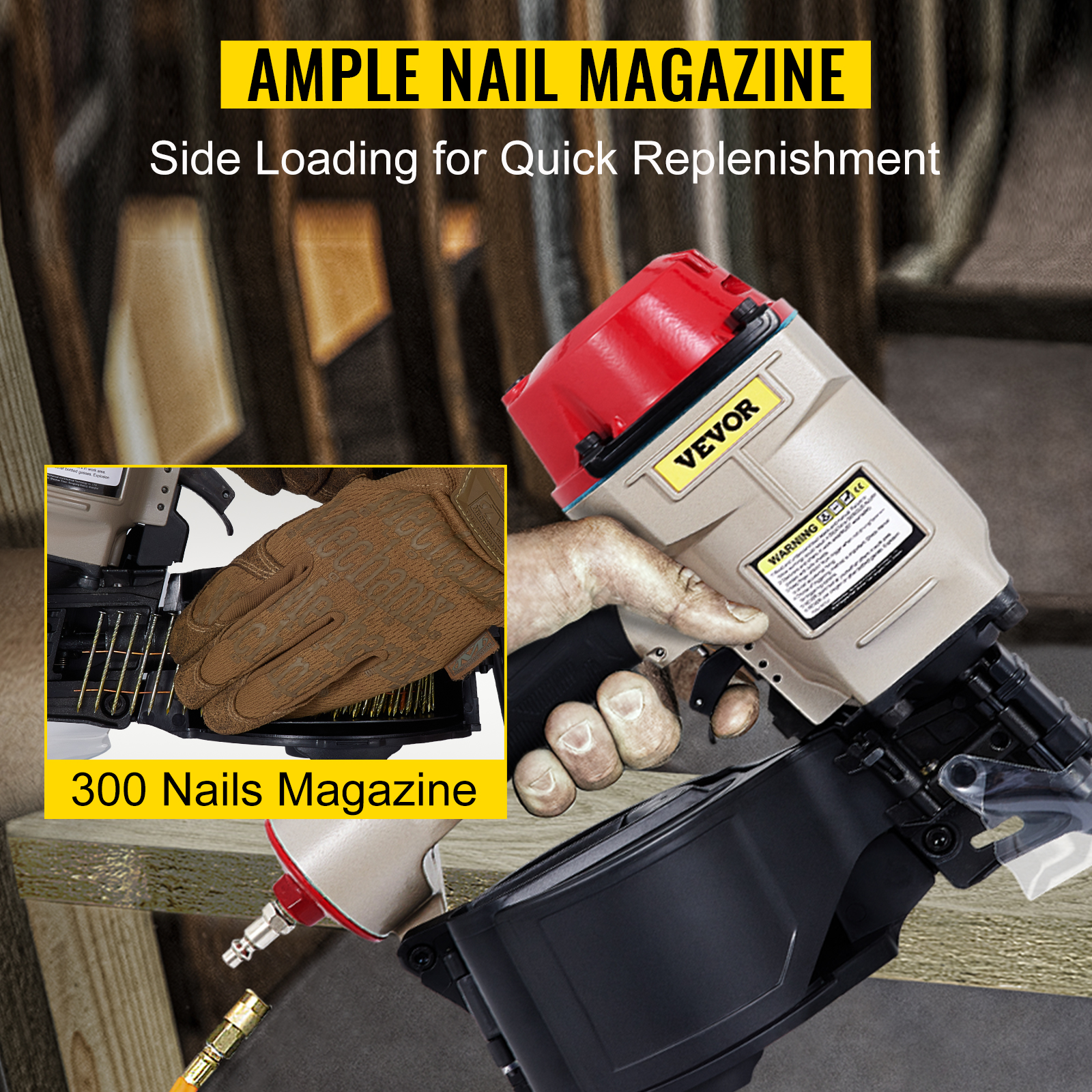 VEVOR cn70 coil siding nailer with 300 nails magazine for quick side loading.