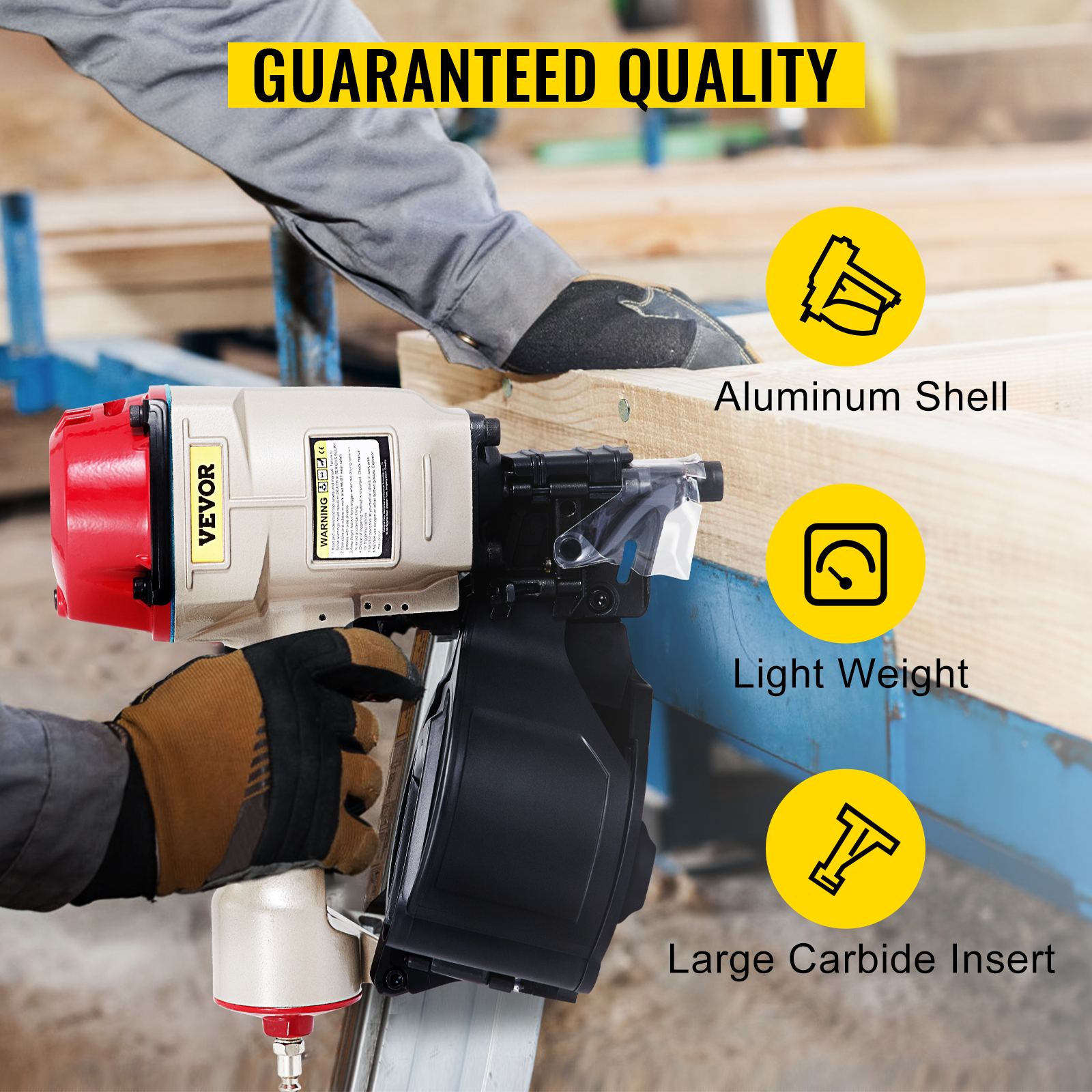 worker using VEVOR cn70 coil siding nailer on wooden frame; aluminum shell and light weight.