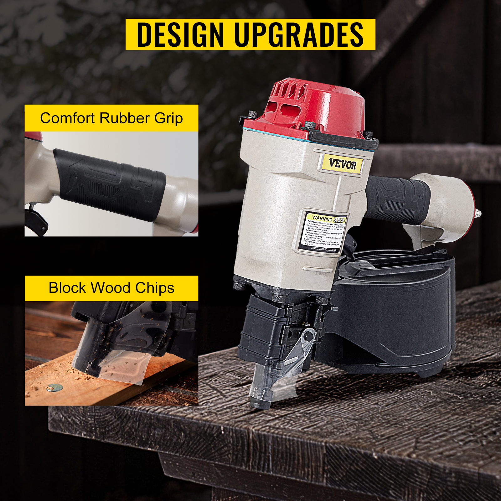 VEVOR cn70 coil siding nailer shown with comfort rubber grip and wood chip block feature.