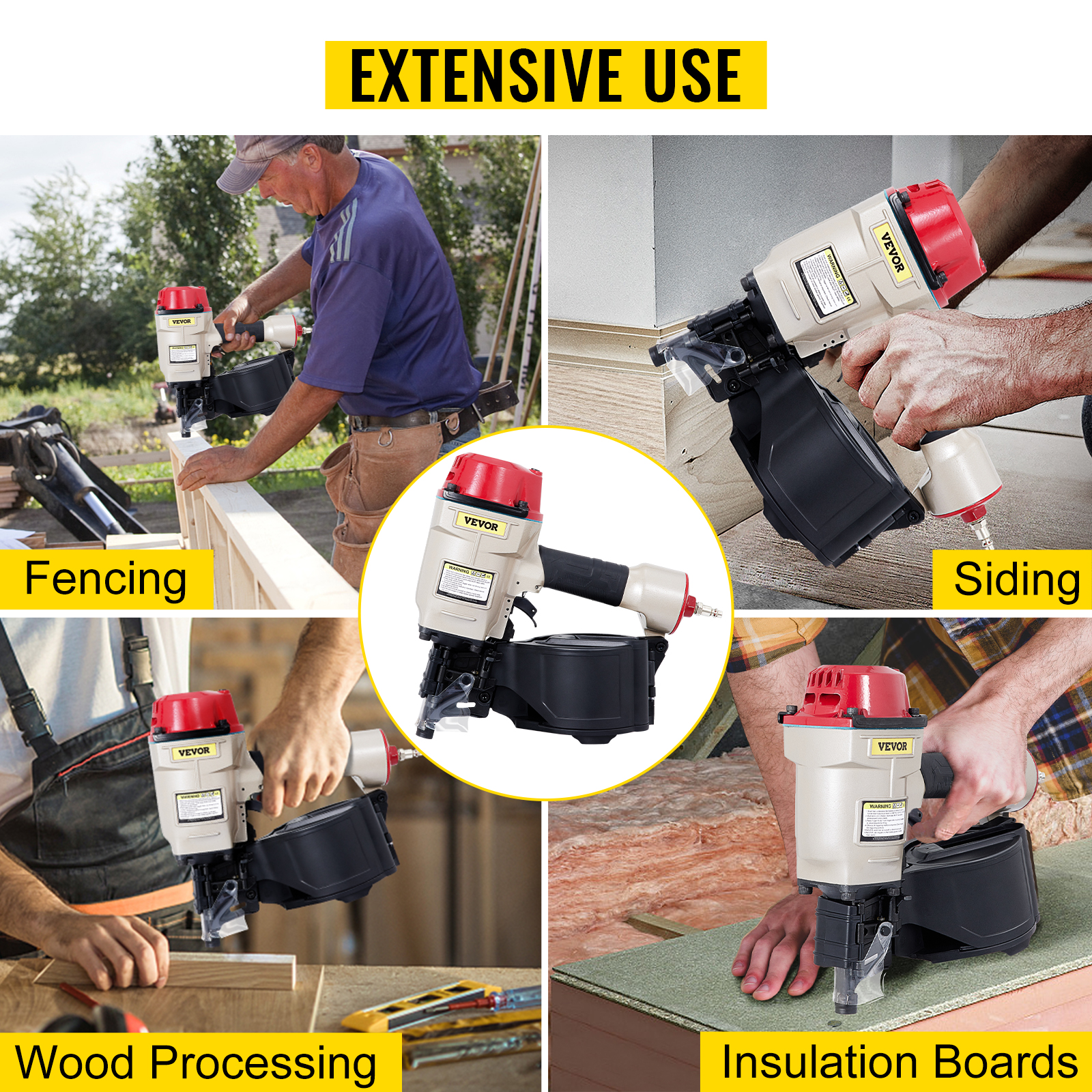 VEVOR cn70 coil siding nailer in use for fencing, wood processing, siding, insulation boards.