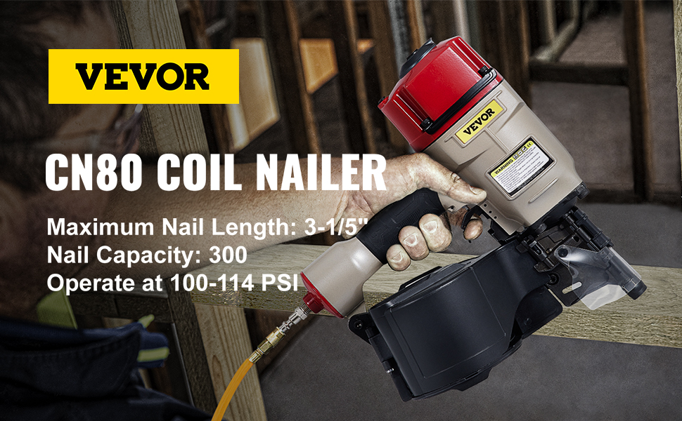 VEVOR pneumatic nail gun in use, showcasing cn80 coil nailer specifications.