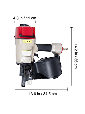 VEVOR pneumatic nail gun with specifications: 14.2 in height, 13.6 in length, 4.3 in width.