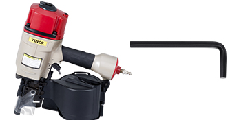 red and beige VEVOR pneumatic nail gun with an l-shaped hex key.