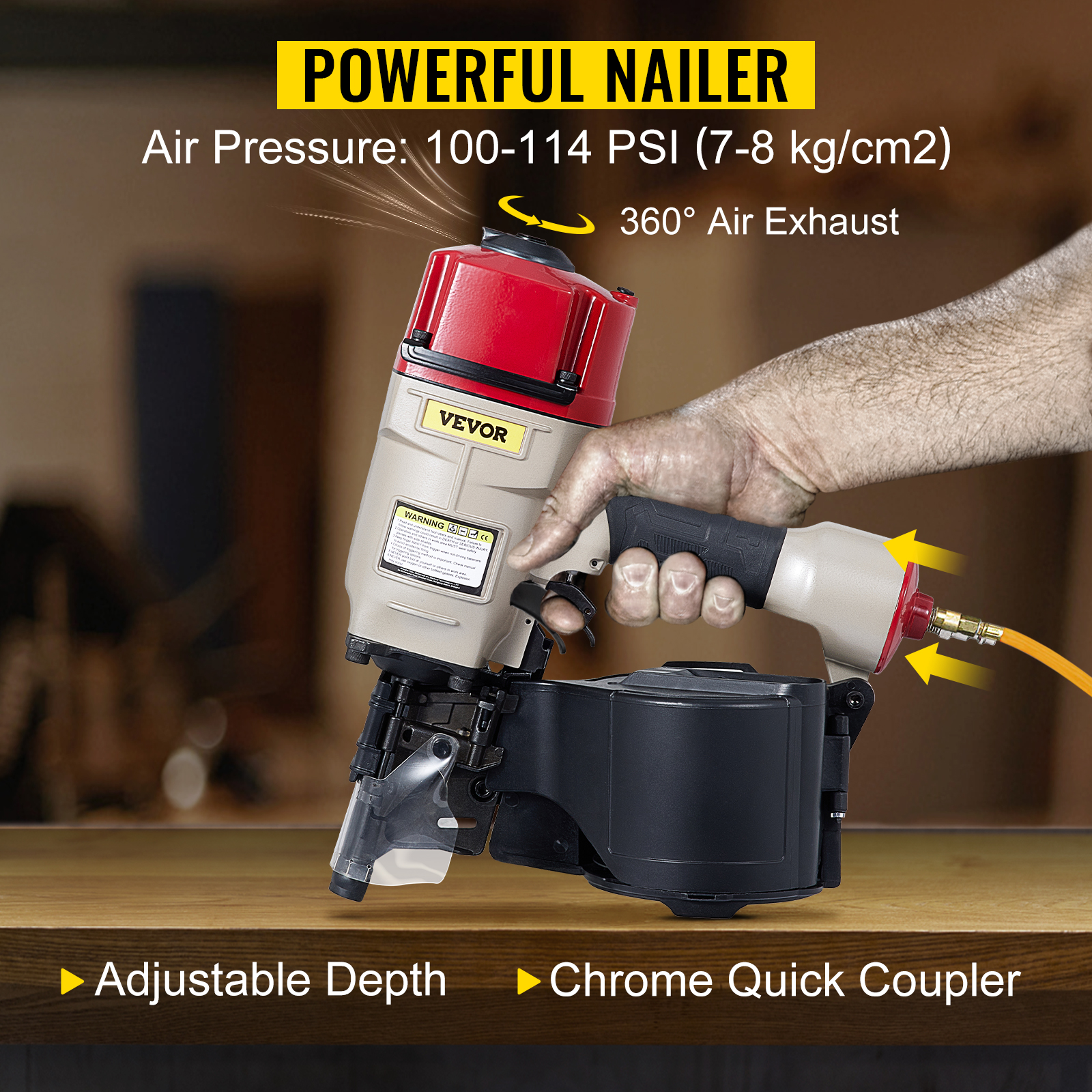 powerful VEVOR pneumatic nail gun with adjustable depth and chrome quick coupler.