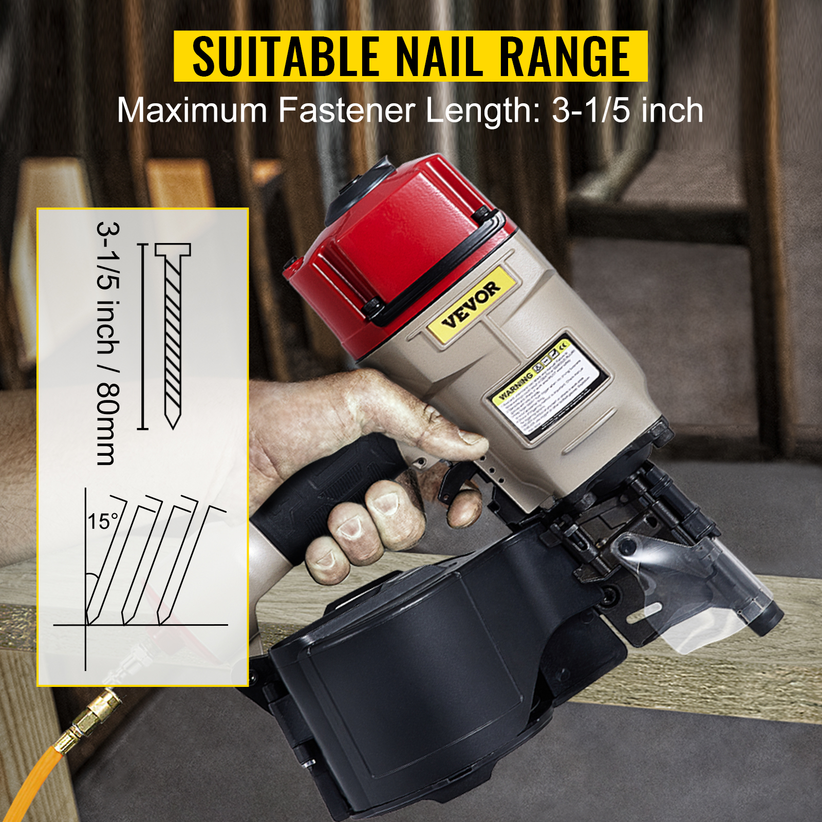 person holding a VEVOR pneumatic nail gun with a red top.