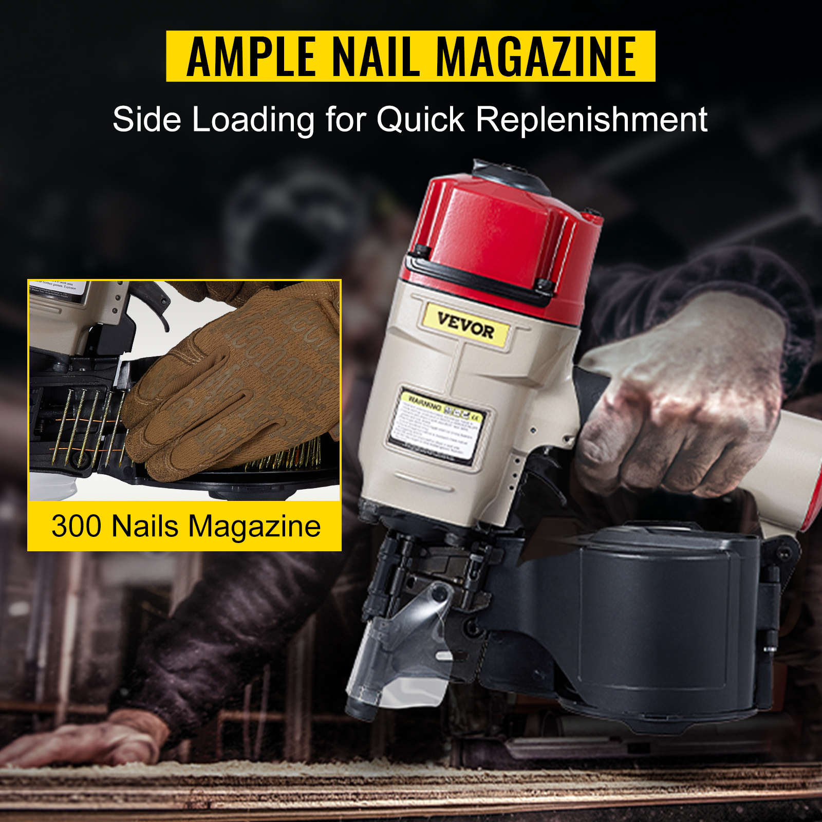 VEVOR pneumatic nail gun with side loading and 300 nails magazine, easy to replenish.
