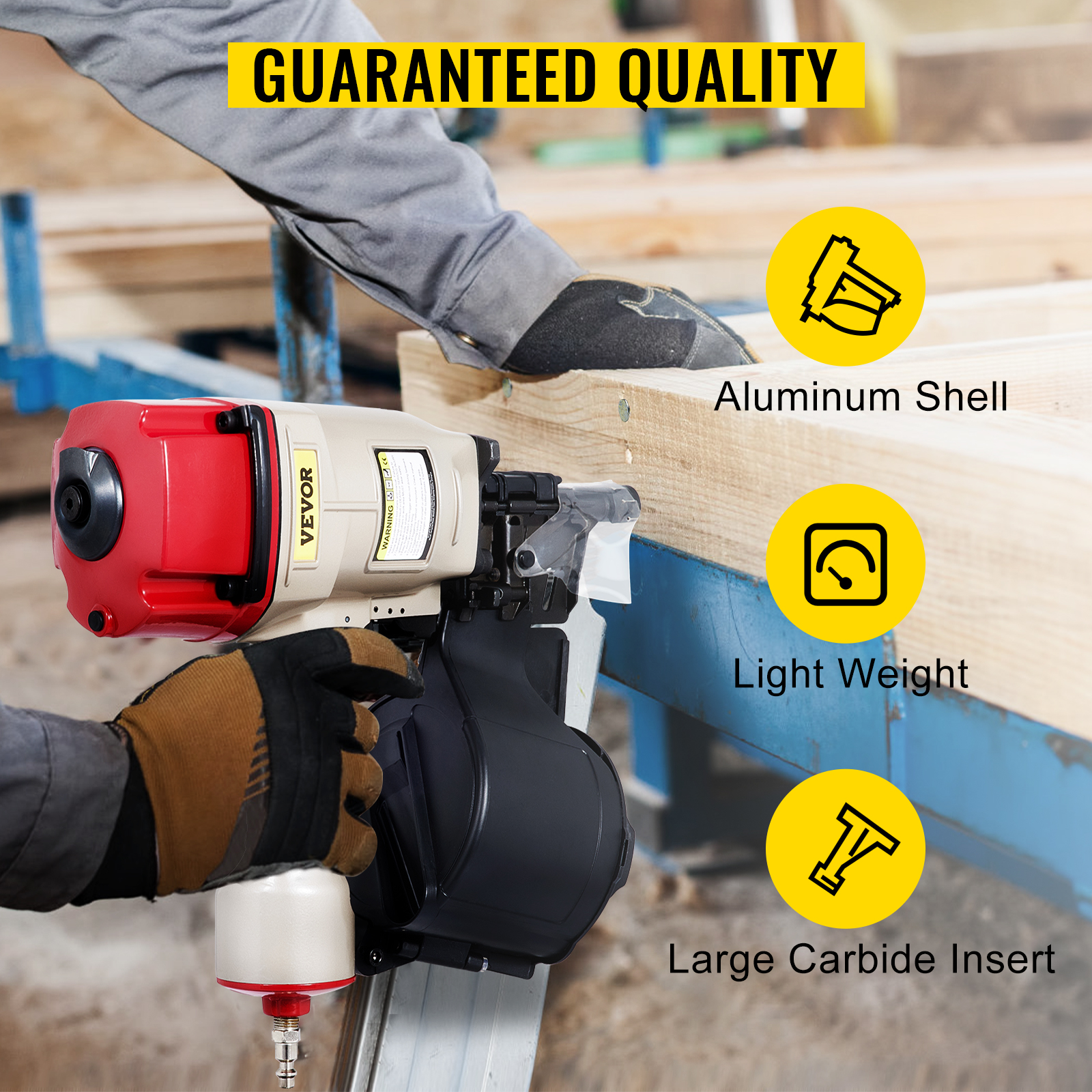 worker using VEVOR pneumatic nail gun with aluminum shell for woodwork.