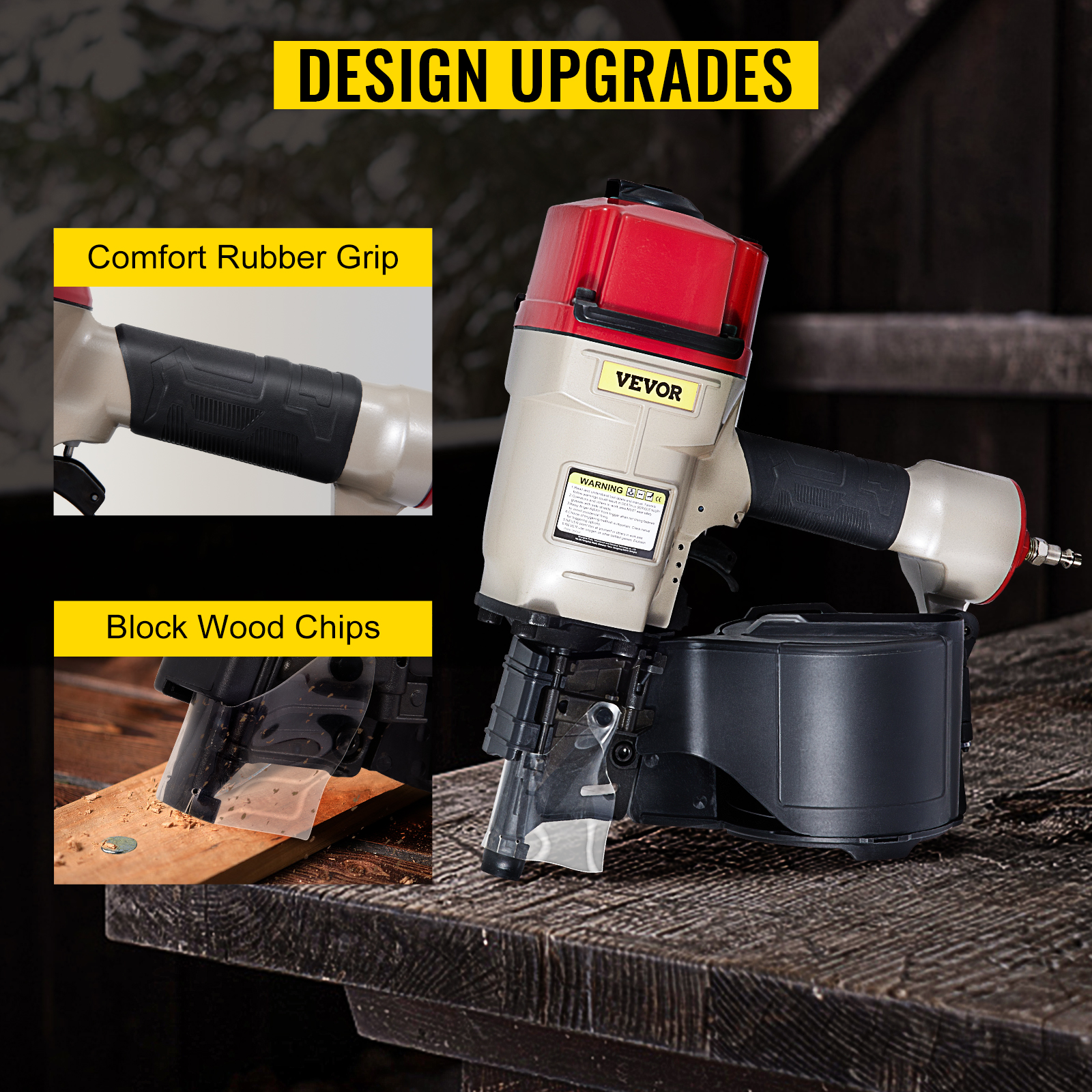 VEVOR pneumatic nail gun with comfort rubber grip and wood chip blocking feature.