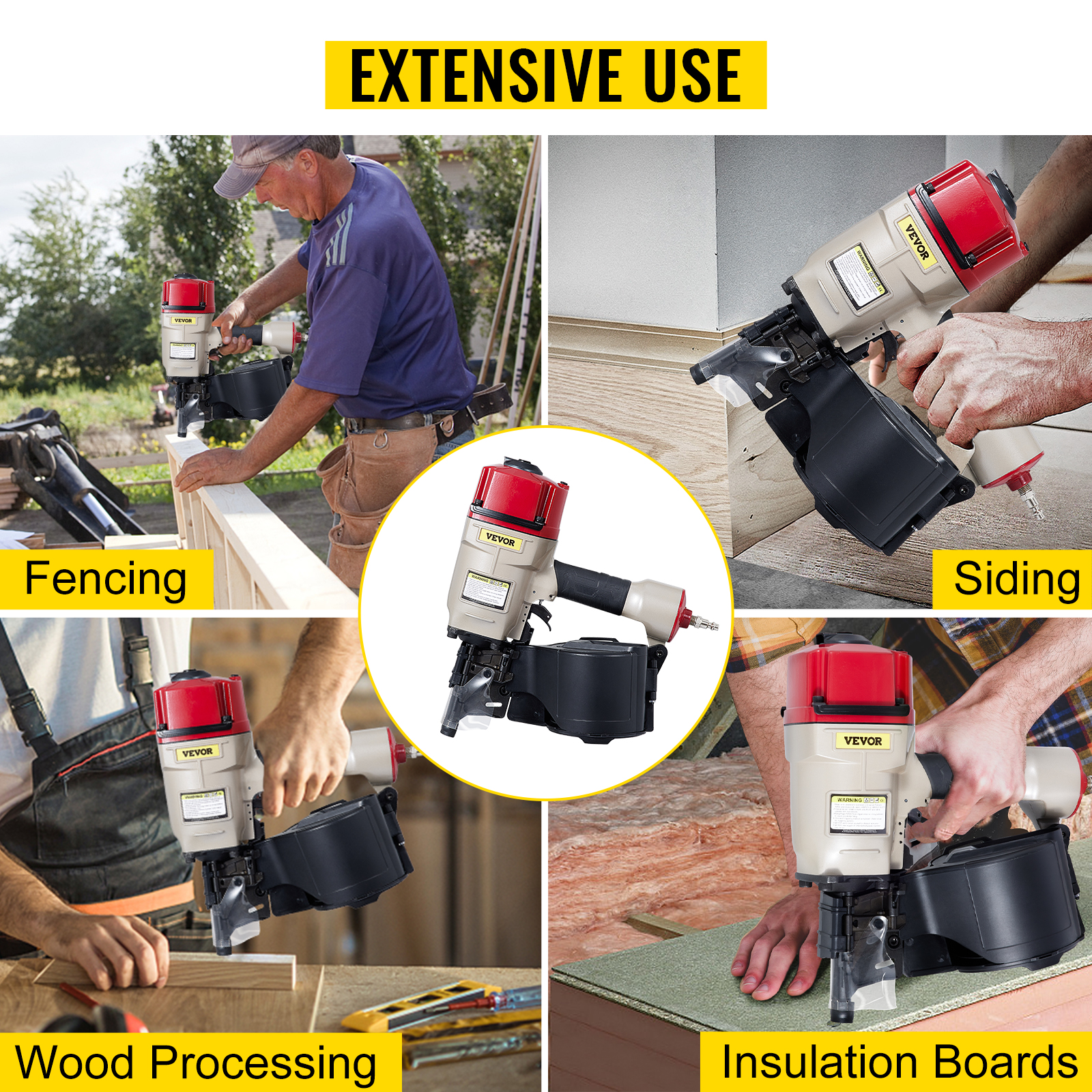 VEVOR pneumatic nail gun used for fencing, siding, wood processing, and insulation boards.