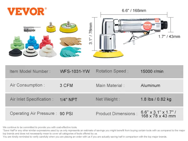 VEVOR orbital air sander, aluminum body, 15000 r/min, 90 psi, accessories included, product dimensions shown.